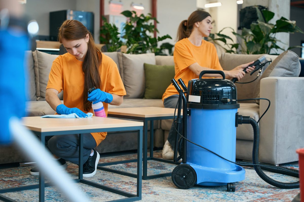 Employees of the cleaning company make a thorough cleaning of furniture with a vacuum cleaner and special tools